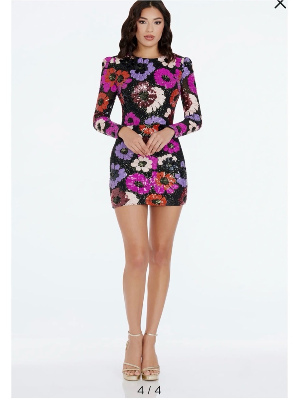 Black Floral Sequin Long-Sleeve Mini Dress